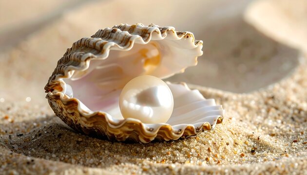 A large pearl nestled in a partially open seashell on sand