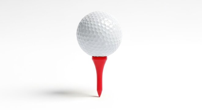 A white golf ball perched on a red tee against a plain white background
