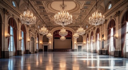 Obraz premium Elegant empty ballroom with chandeliers.