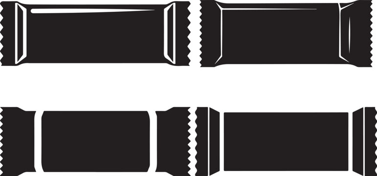 A stark rectangular chocolate bar wrapper is prominently displayed against a pure white background creating a bold silhouette. Stark rectangular chocolate bar vector illustration.