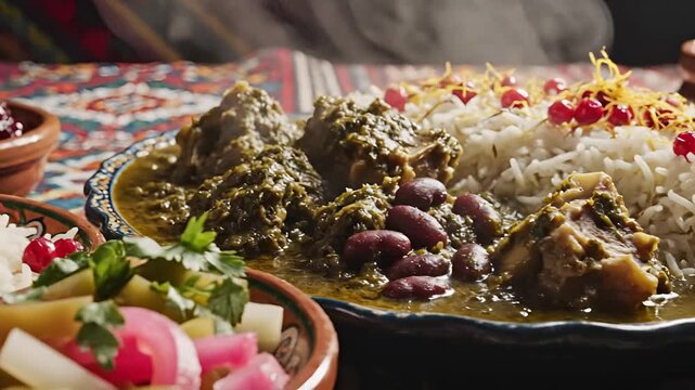 Delicious Persian Stew with Rice and Pickles.