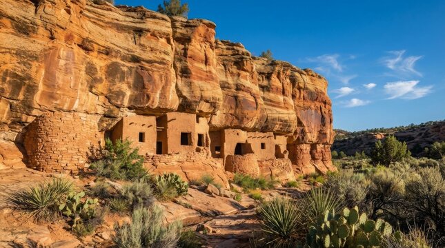 Ancient dwellings carved into cliff, historic native american site, desert landscape, natural rock formation