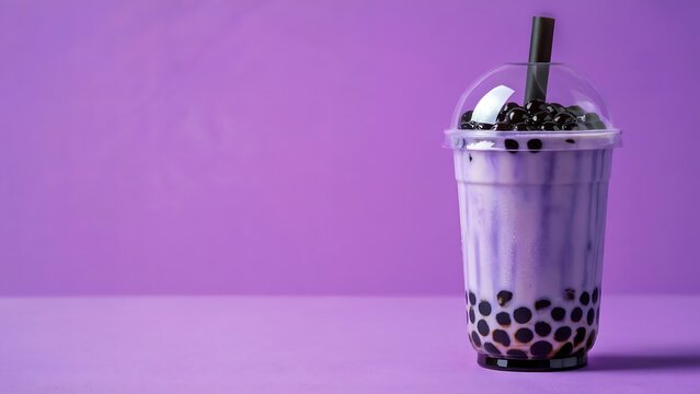 Taro bubble tea with tapioca pearls in plastic cup on purple background, boba drink, Asian beverage, cafe menu concept