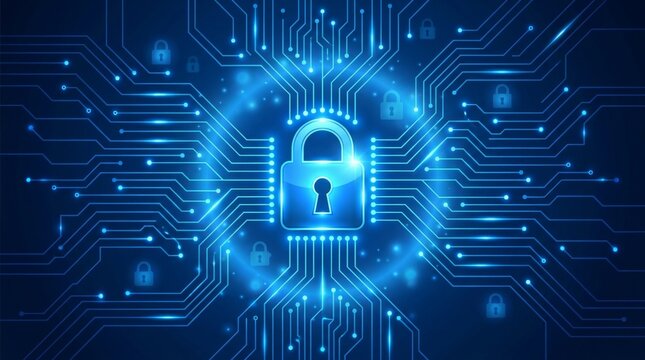 Blue padlock symbol on microchip background. Data protection and network security concept.
