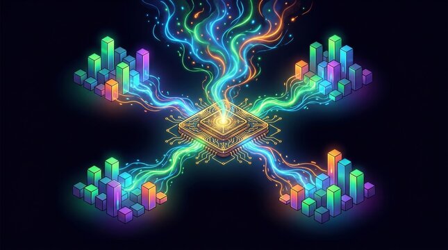CPU, processing data, information flow, artificial intelligence, colorful energy