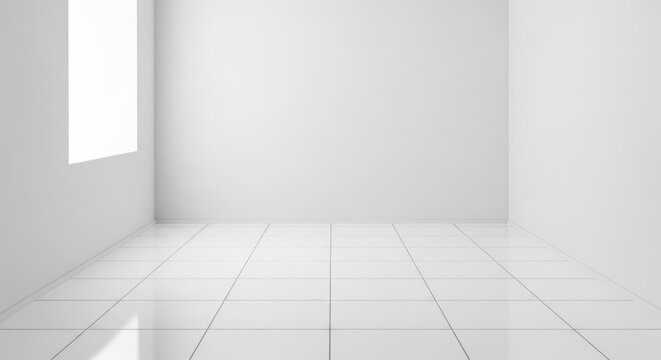 A minimalist, empty room with white walls, shiny square tiles, and a single window