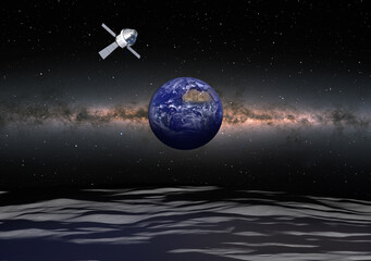 Fototapeta premium Orion spacecraft flight in space on orbit of moon. 