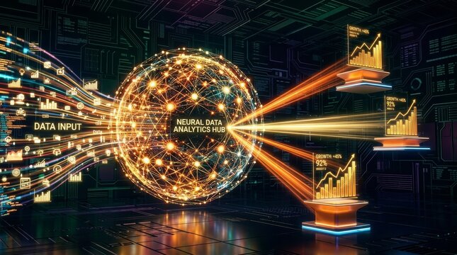 Information processing system, digital connectivity sphere, golden light trails, business growth graph