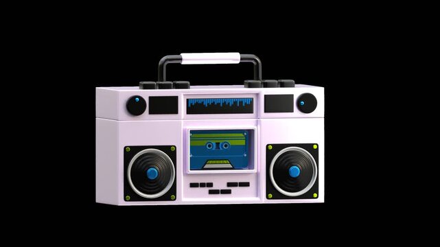 3D Retro Boombox Playing Audio Cassette Tape | Alpha Channel