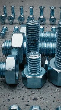 Collection of Various Metal Bolts and Nuts on Concrete Surface.