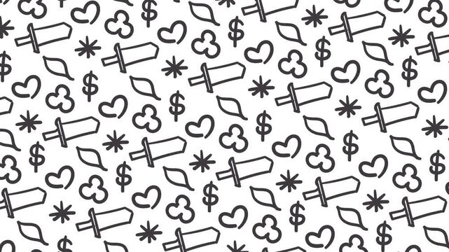 Small symbols flicker across the screen. These include a dagger or sword, hearts, banknotes, and so on.