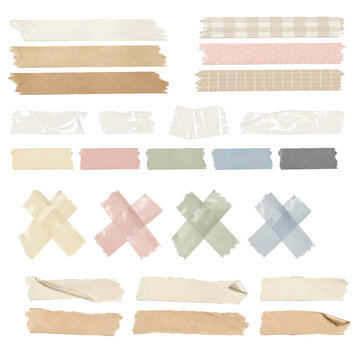 Aesthetic set of decorative tape elements featuring torn paper textures, washi tape strips, and adhesive overlays in soft pastel and neutral tones.