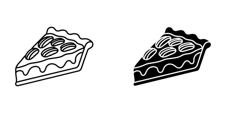 Slice of pecan pie illustration set including outline and silhouette versions for holiday feast planning seasonal baking advertisements southern style dessert recipes and restaurant food menus.