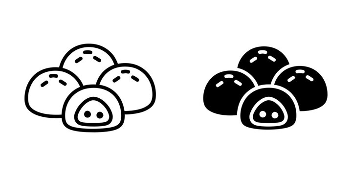 Mochi rice cake icons set in thin outline and solid silhouette style featuring traditional japanese sweets for asian cuisine menu design flat vector illustration isolated on white background paper.