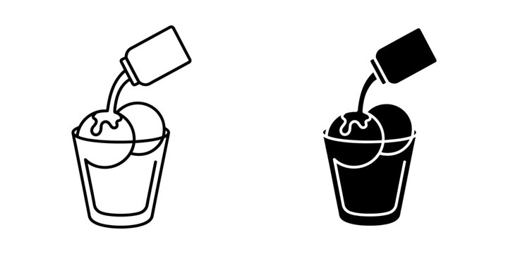 Ice cream sundae glass with pouring chocolate syrup icons in thin outline and solid black silhouette style for cafe menu design web application interface flat vector illustration on white background.