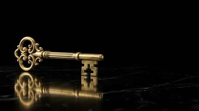 Ancient 24k gold classic antique skeleton key on black obsidian plinth, exclusive access concept
