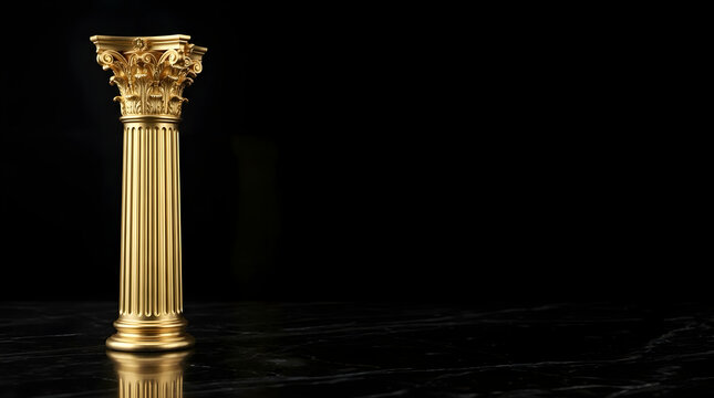 Ancient 24k gold unadorned Roman column on black obsidian chessboard, legal foundation concept
