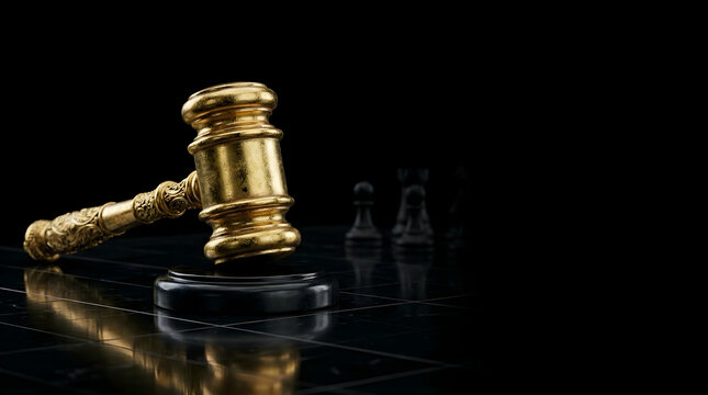Ancient 24k gold legal gavel on black obsidian chessboard, strategic leadership concept
