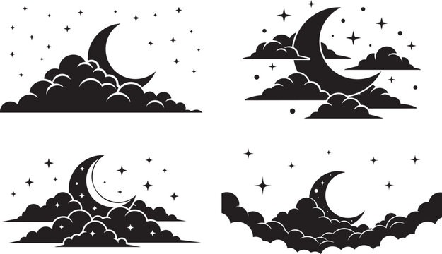 A dreamy nightscape featuring a crescent moon fluffy clouds and sparkling stars in a dark silhouette high quality. Crescent moon fluffy clouds and sparkling stars vector illustration.