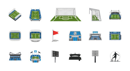 Collection of Football Stadiums and Soccer Elements, Sports Arena Icons © Abang