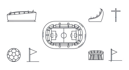 Architectural Stadium Design Elements: Top View, Seating, Goalposts, Soccer Ball & Flags © Abang