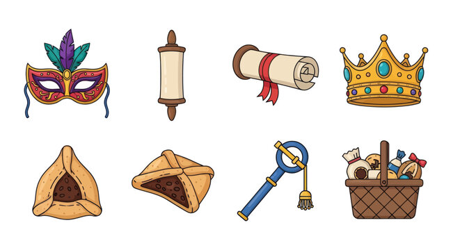 Purim Symbols Collection: Mask, Scroll, Crown, Hamantaschen, Grogger, Gift Basket