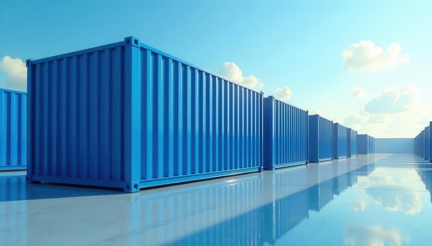 Futuristic blue container office complex Panoramic view, sharp lines, daytime , urban, shipping containers, daytime