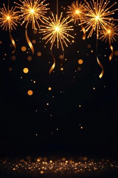 Golden glitter overhead, noisemakers and starburst streamers Black backdrop , confetti, noisemakers, new years party