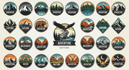 Naklejka premium Collection of adventure and nature themed circular badges and labels.
