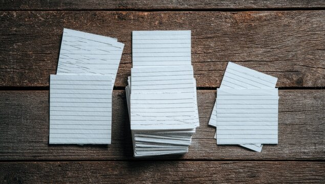 Stacked white lined paper cards on a textured wooden surface background
