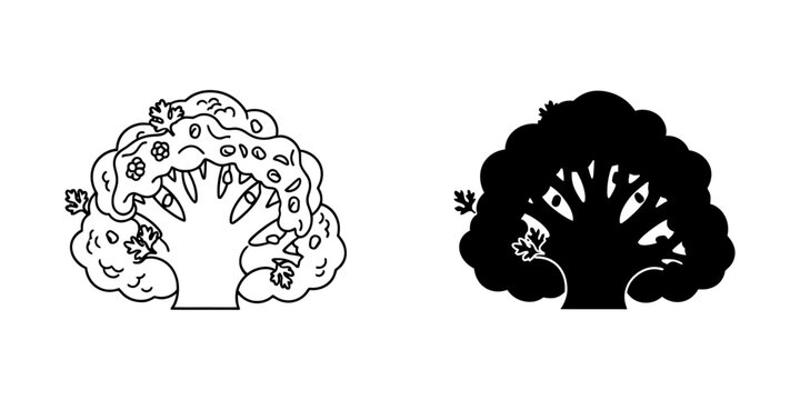 Broccoli florets illustration, outline and solid silhouette styles, healthy green vegetable symbol, natural food icon for healthy eating, culinary ingredient and design element.