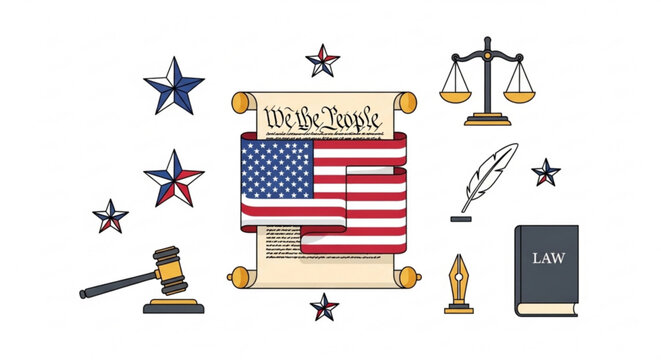 Us constitution scroll with judge gavel and scales of justice vector
