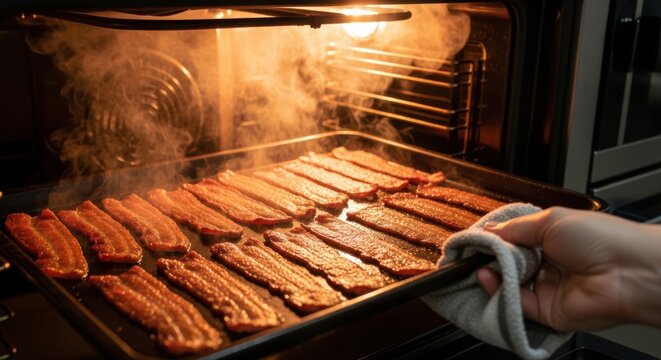 A sheet pan of bacon being pulled from a hot oven. The bacon is uniformly crisp, flat, and mahogany-brown, with rendered fat pools collecting at the edges of the pan.