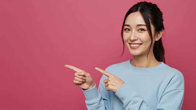 ピンク背景の前で笑顔で指差しをする若い女性。明るくキャッチーな紹介・解説素材
