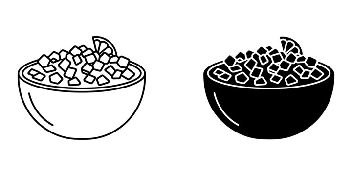 Line art and solid black silhouette of bowl of pico de gallo with lime wedge, fresh salsa dip vector icon.