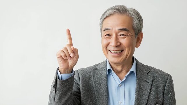 笑顔で上を指差すシニア男性。名案やポイントを解説するポジティブなイメージ素材