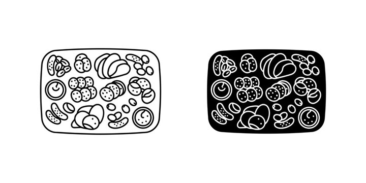 Tapas tray icon set featuring assorted appetizers like pickles salami and bread slices on a platter in line and solid black styles for restaurant menu design snack selection illustration vector.