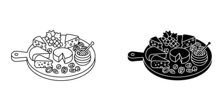 Cheese board icon set with grapes honey nuts and various cheese types on wooden paddle board in isometric line and glyph styles for wine pairing and gourmet food menu design illustrations vector.