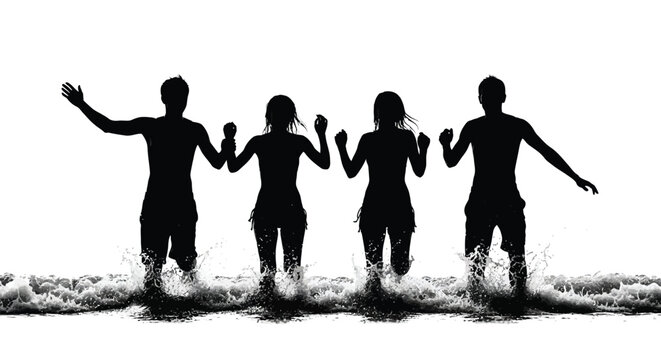 Dynamic vector illustration captures four joyful human silhouettes, two men and two women, enthusiastically running and splashing through water with arms raised. This compelling graphic design powerfu