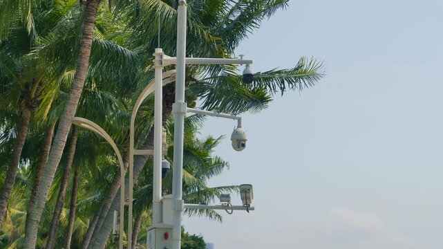 Multiple surveillance CCTV cameras on the street, Shenzhen, China