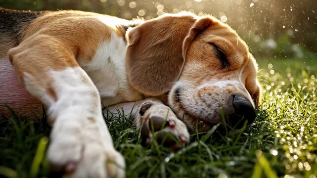 A Peaceful Beagle Dog Napping in the Sunny Green Grass.