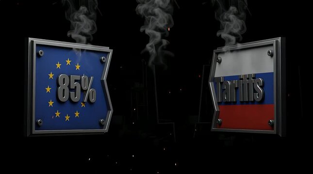 Flags of European Union and Russia with smoke rising in dark animation video scene.