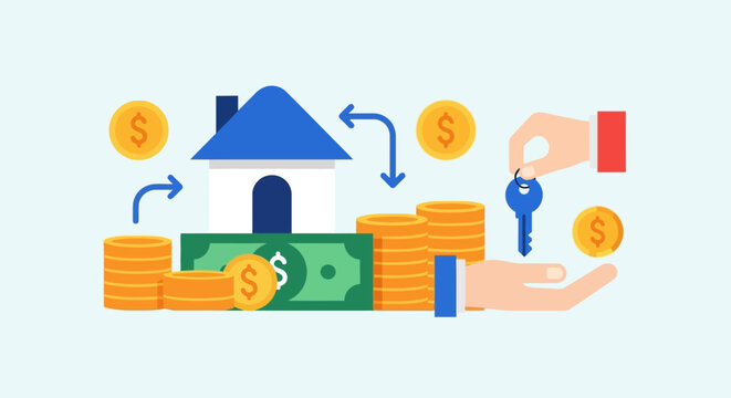 Hand holding house key with money.