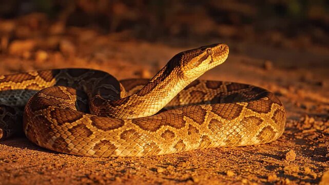 Coiled python snake raising its head alertly on the ground during sunset golden hour