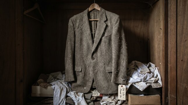 Worn Vintage Suit Jacket Hanging In Old Wardrobe.