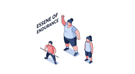 Fototapeta premium Isometric illustration of three people demonstrating strength and endurance with determination.
