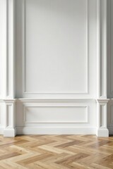 Fototapeta premium Elegant white wall panels, herringbone wood floor , photography, house