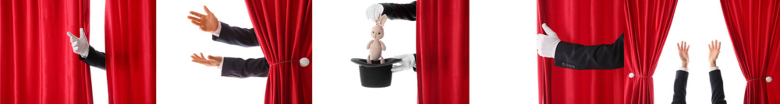 Collage with hands of magician and red curtains on white background
