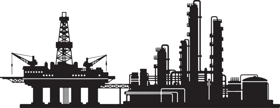 An industrial complex featuring an oil rig and refinery structures presented as a striking silhouette high quality professional