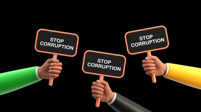 3D Hands Holding Stop Corruption Signs | Alpha Channel